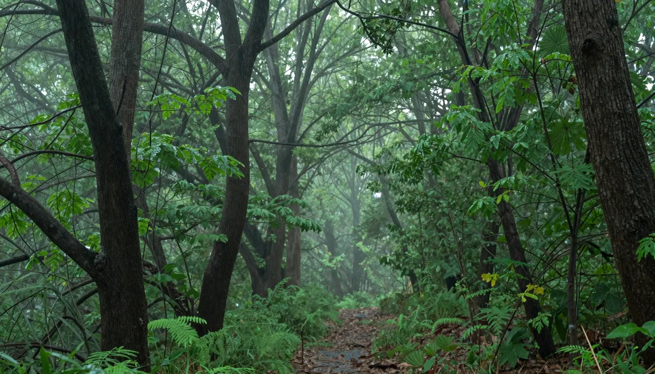 A tranquil forest scene after a rain, with soft, diffused li...