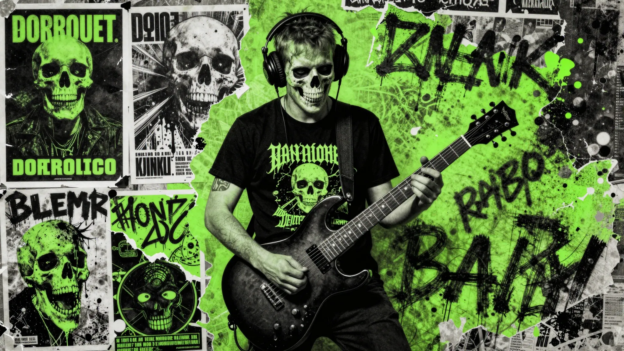 Grungy underground punk metal aesthetic, chaotic collage sty...