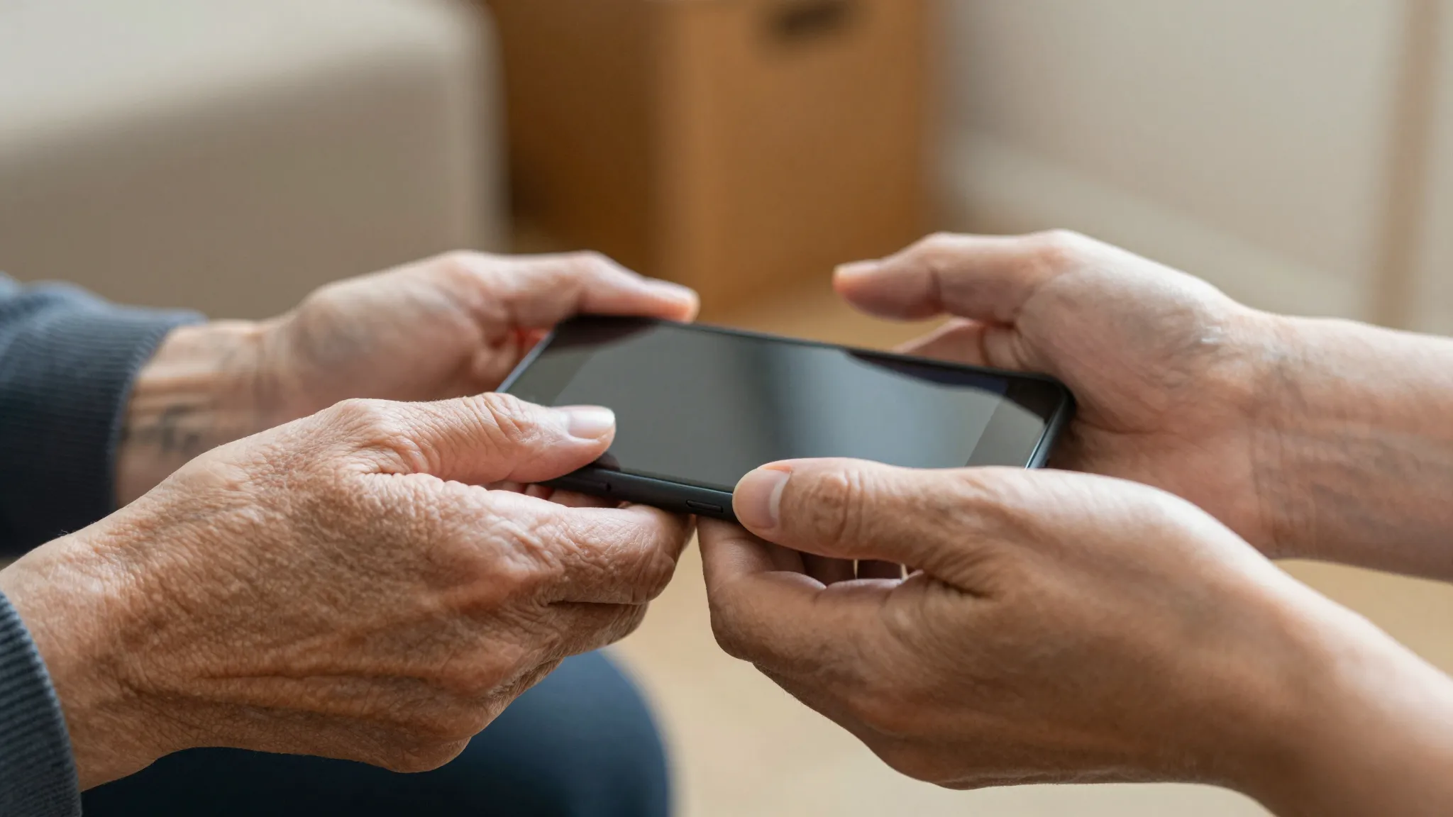 Hands of an elderly person and a young person holding a smar...