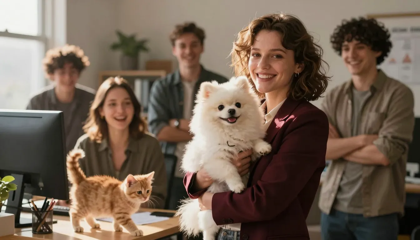 A group of happy people in a cozy office, a woman wearing a ...
