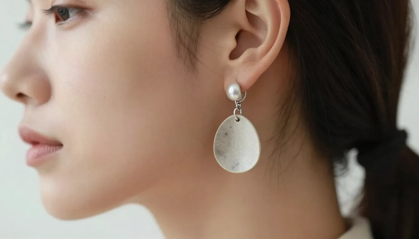 Close-up of a woman's ear wearing elegant handmade earrings,...