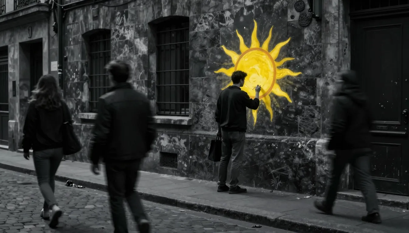 A melancholic city street in gray tones, blurry figures of p...
