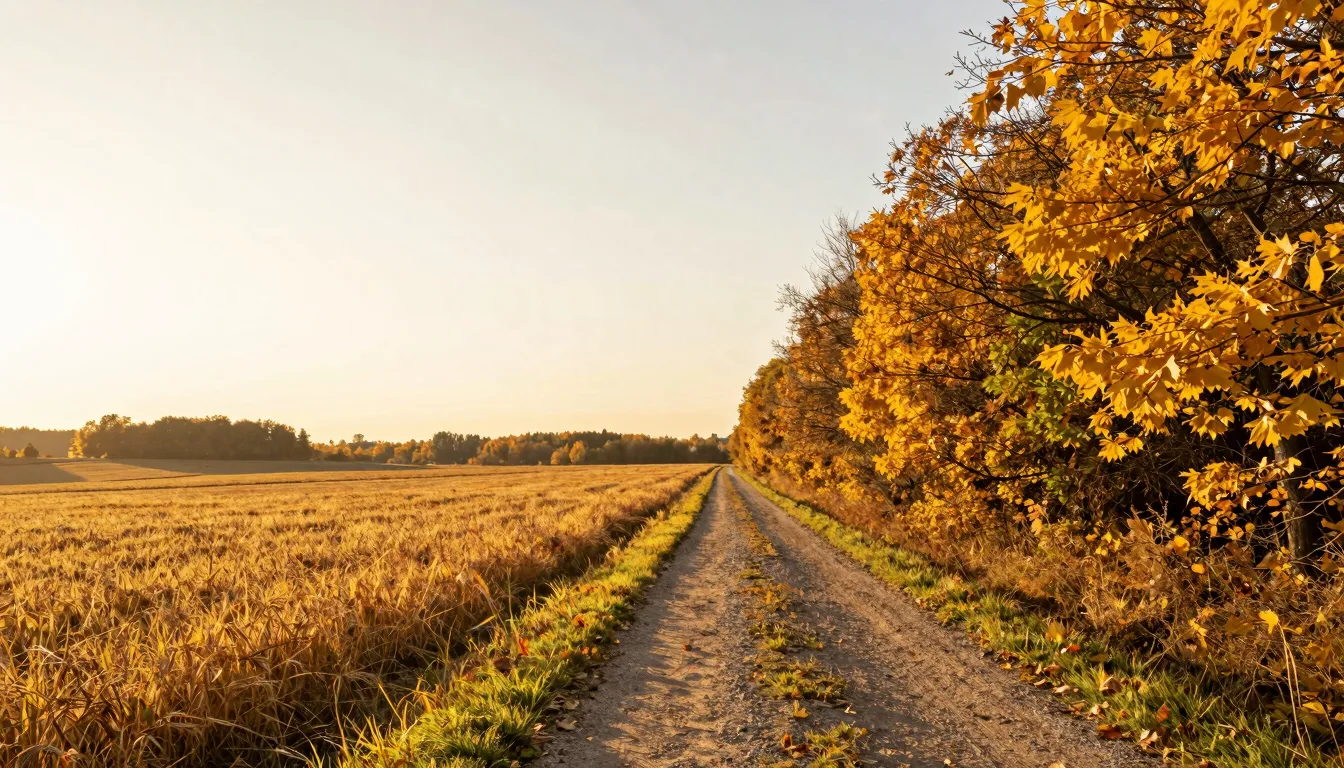 A beautiful golden autumn landscape with a path leading to a...