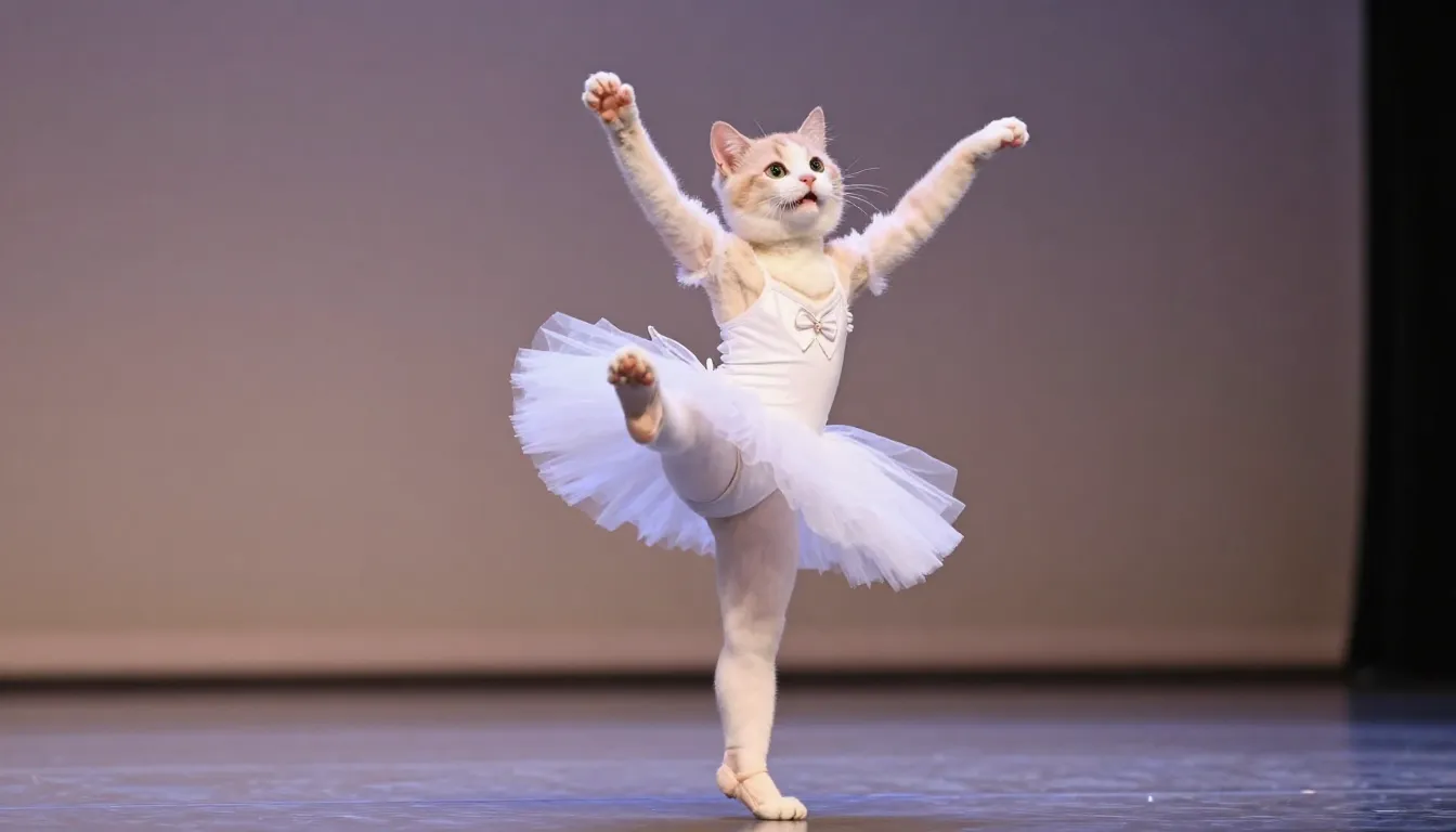 A cute cat dancing ballet on its hind legs, wearing a small ...