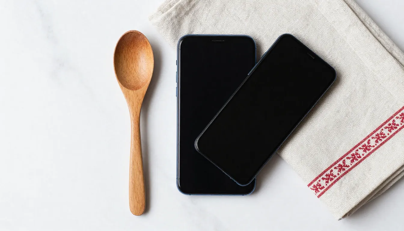 Minimalist flat lay of a modern smartphone, a wooden carved ...