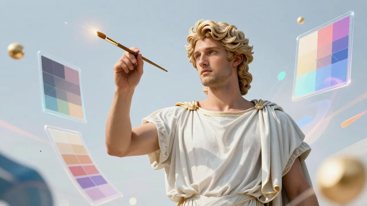 A majestic and modern depiction of Apollo, the god of art, h...