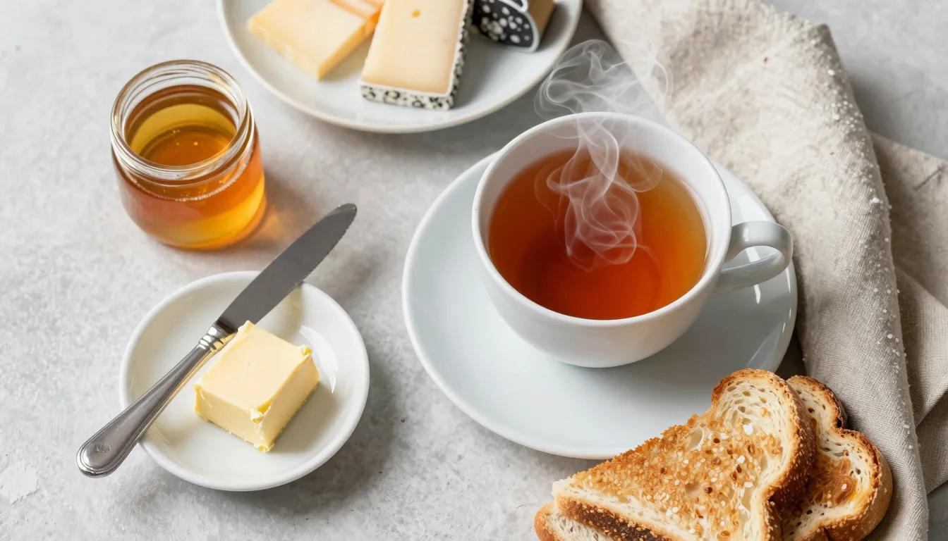 Top-down view of an aesthetic breakfast. A porcelain cup of ...