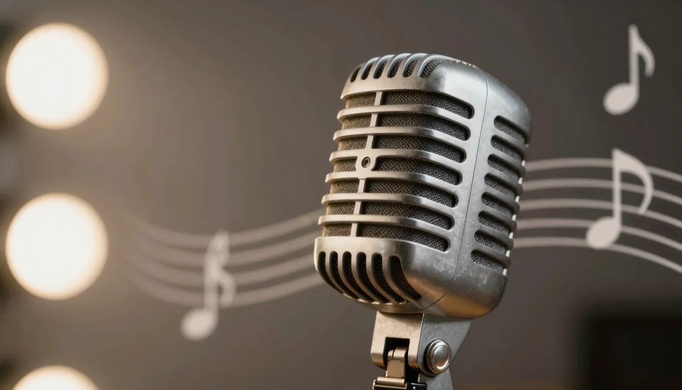 A close-up of a vintage studio microphone with soft glowing ...