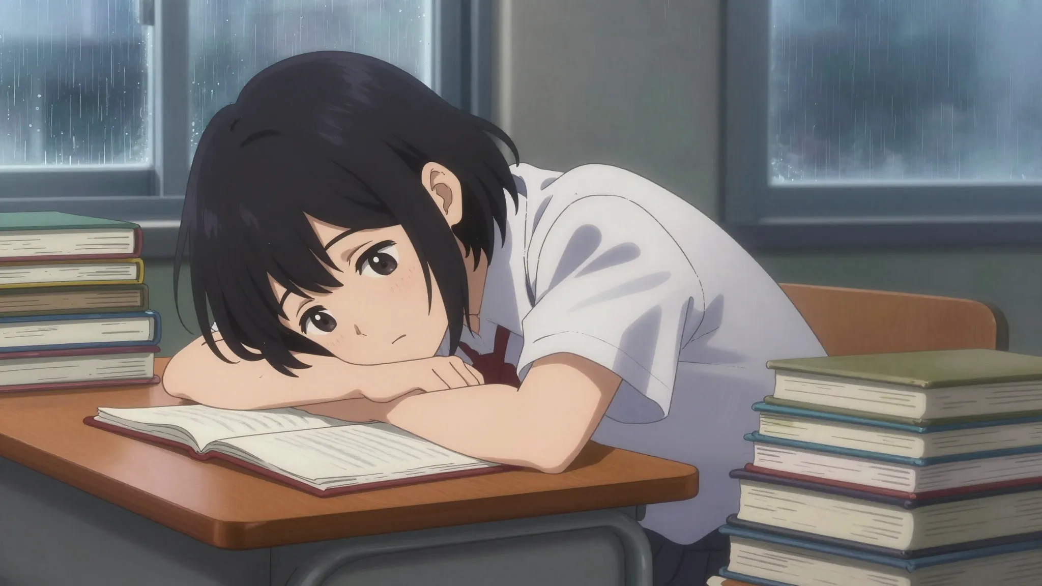 Anime style illustration of a tired student leaning on a des...