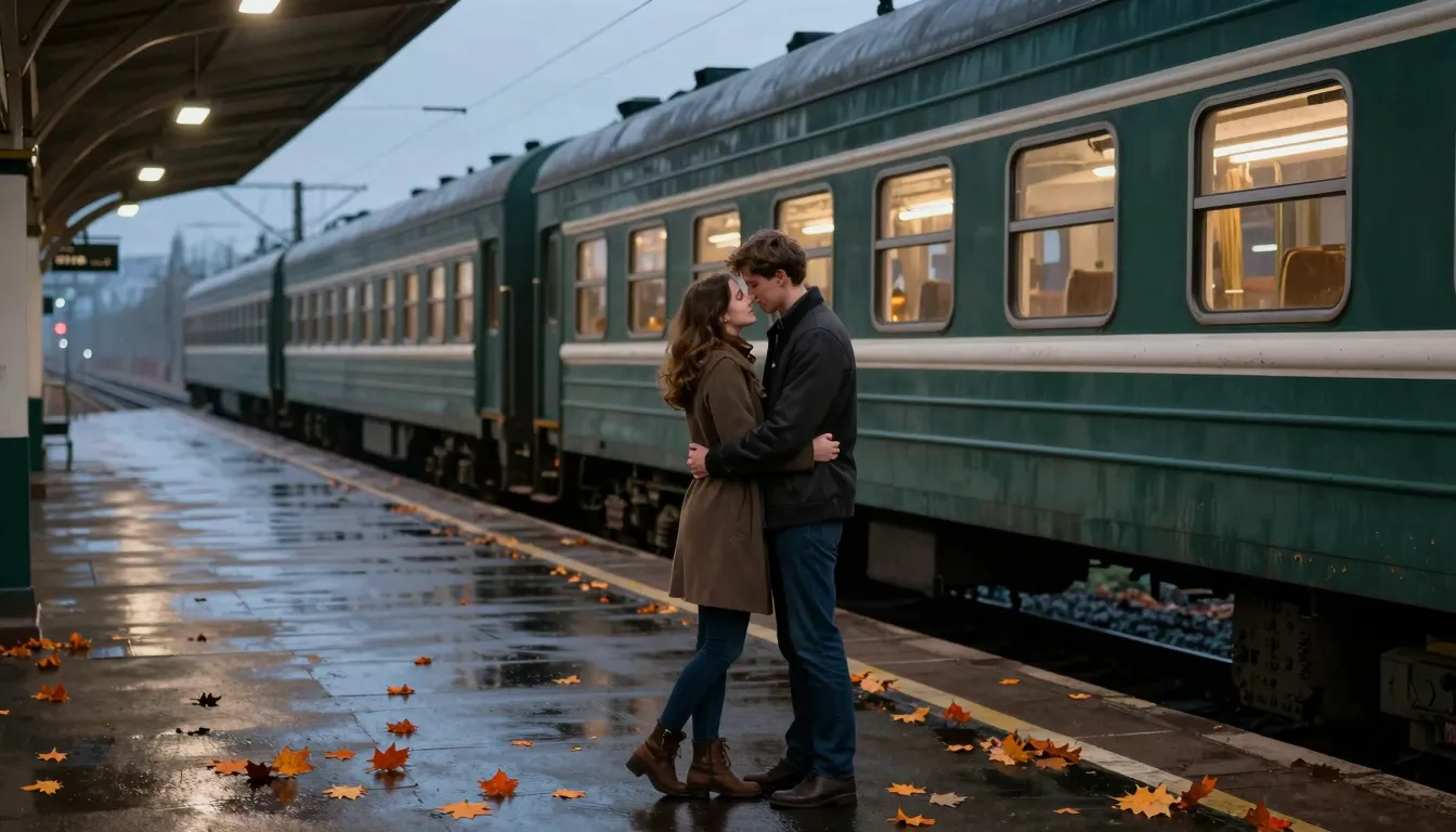 A wide shot of a romantic Slavic couple embracing on a wet s...
