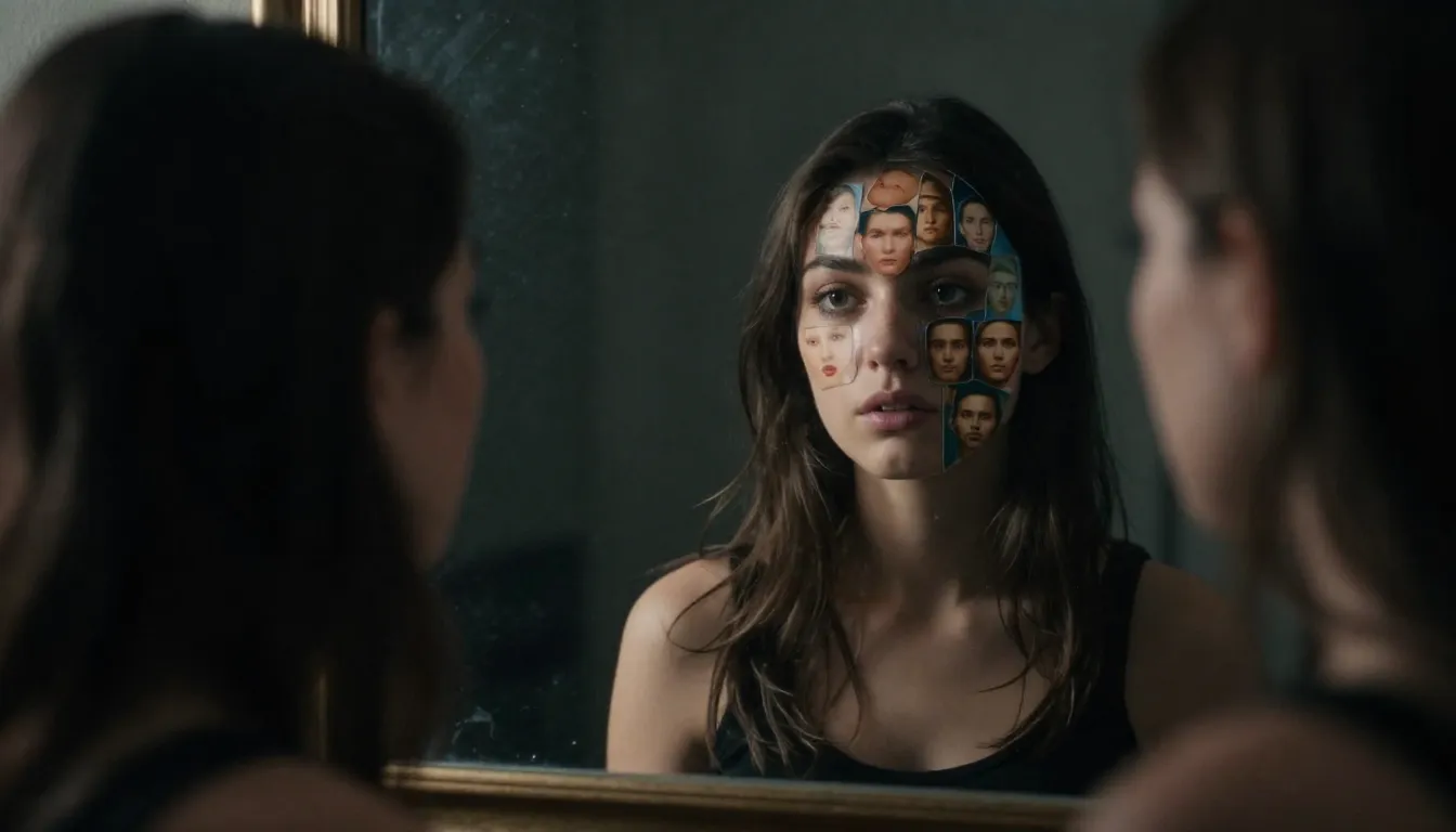 A young woman looking into a mirror. The reflection does not...