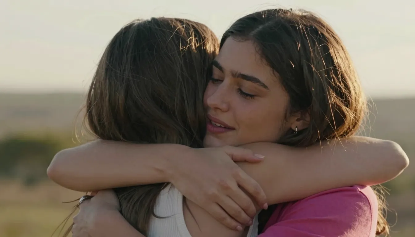 A high-quality cinematic shot of two female friends sharing ...
