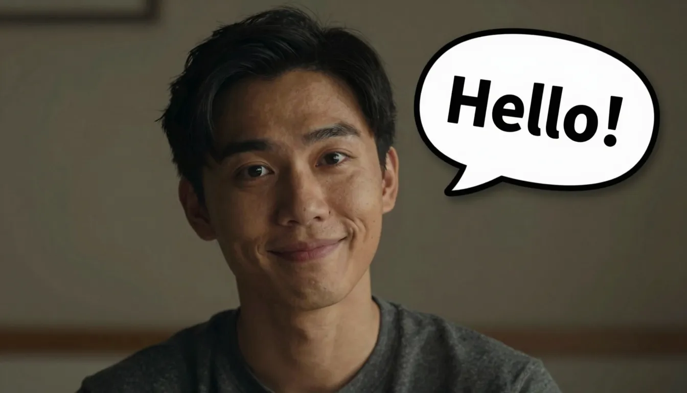 A realistic video frame of a friendly person looking at the ...