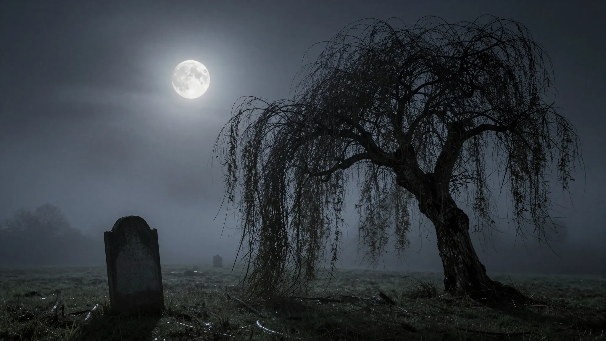 Dark gothic landscape, a weeping willow over an ancient tomb...