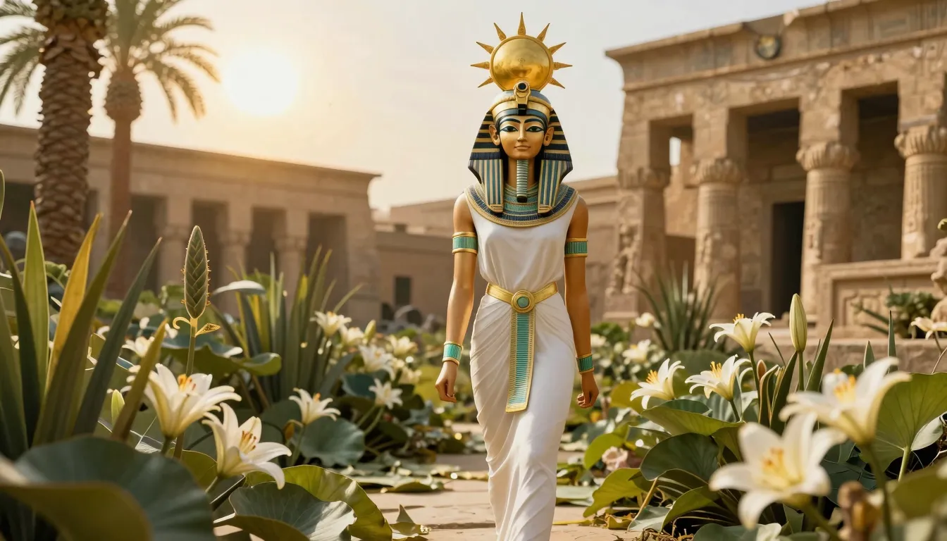 A majestic Egyptian goddess with a sun disk crown walking th...