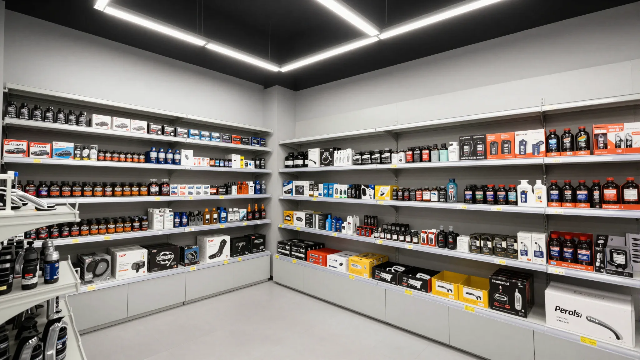 A modern and clean auto parts store interior with organized ...