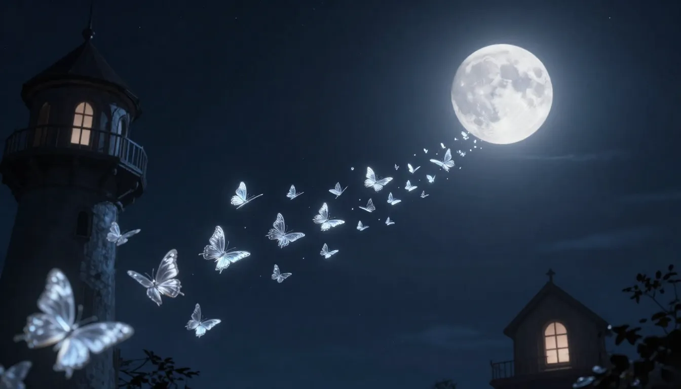 Cinematic wide shot, a trail of glowing silver butterflies f...