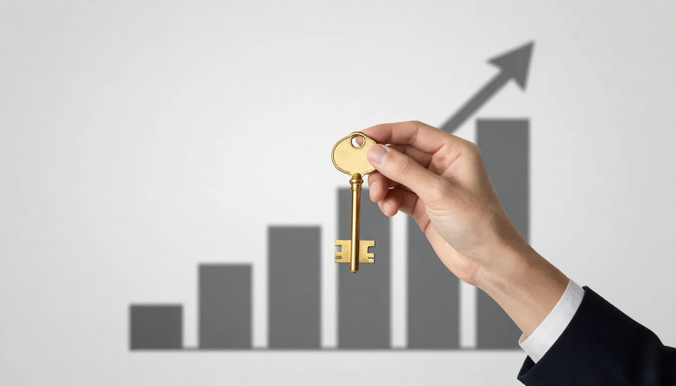 A person holding a golden key, standing in front of a rising...