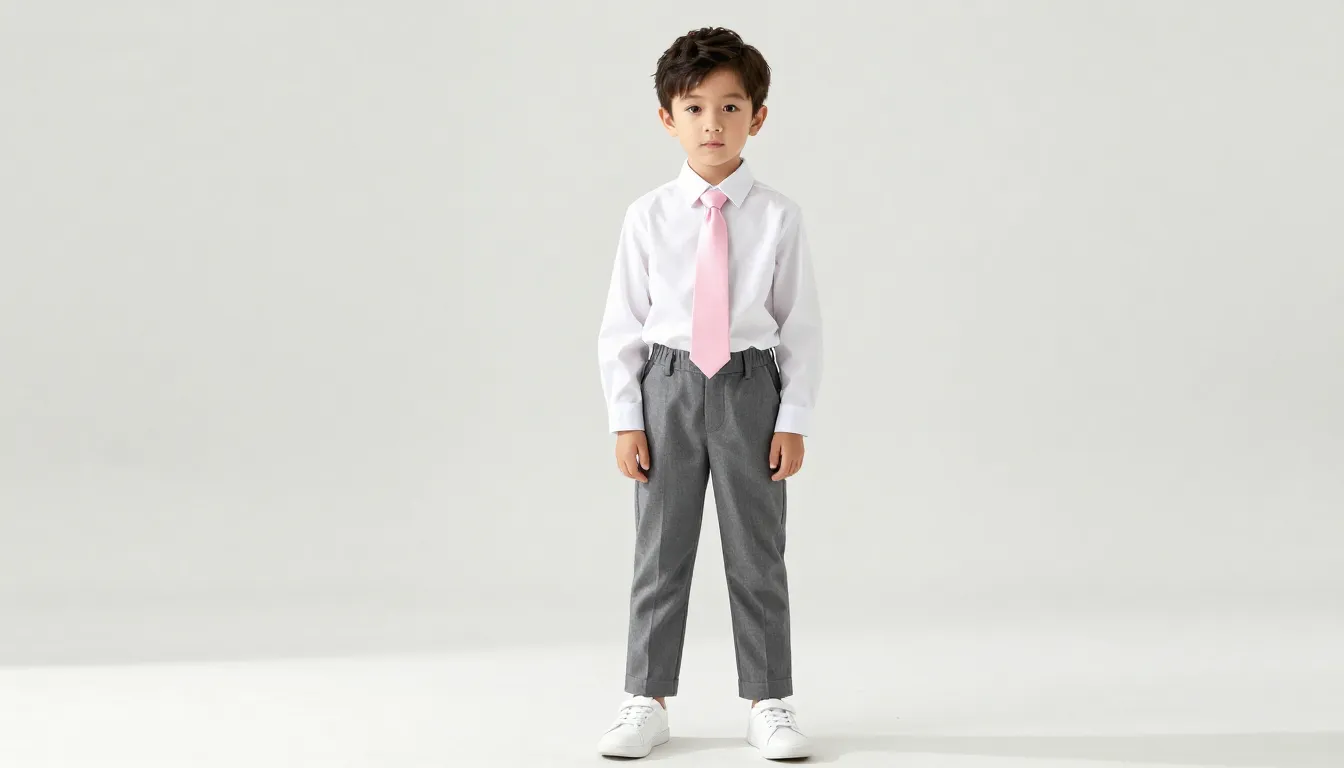 Full body shot of a stylish 7-year-old boy with a modern hai...