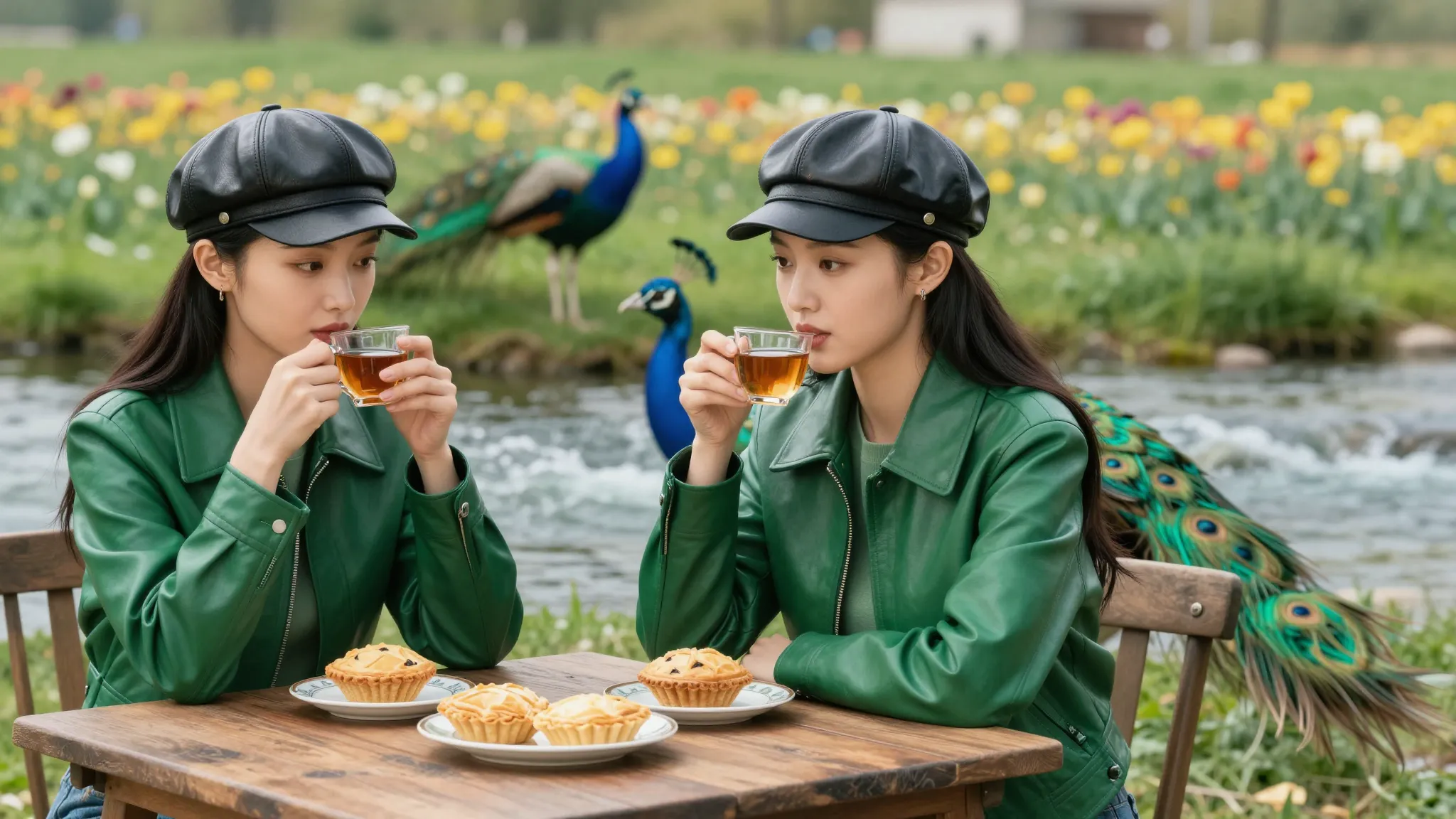 Two beautiful Chinese women sitting at a wooden table by a f...