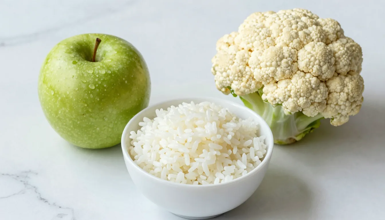A minimalist composition of a green apple, a head of caulifl...