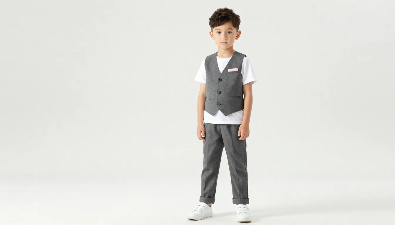 Full body shot of a stylish 7-year-old boy with a modern hai...