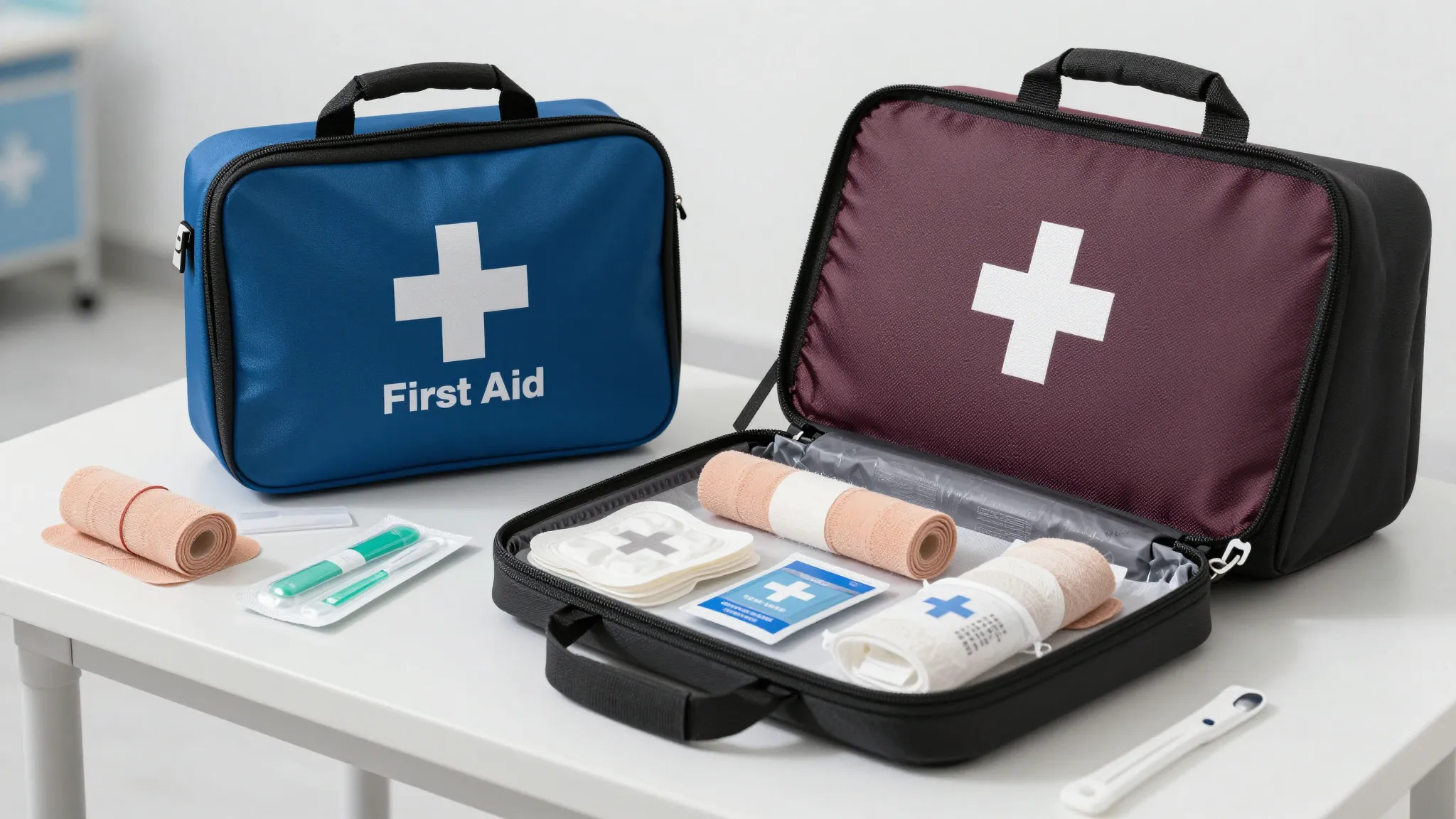 A realistic first aid training station, a medical kit bag op...