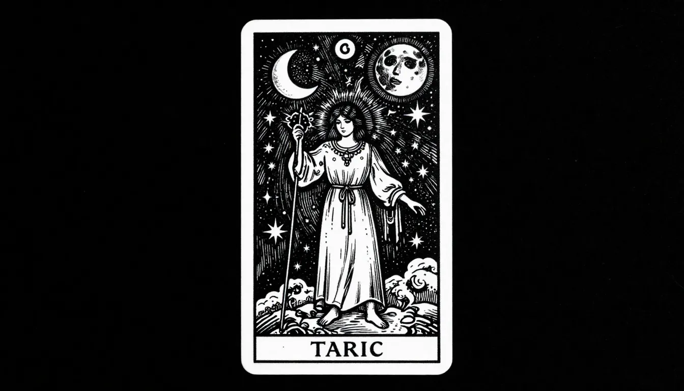 A vertical tarot card in dark woodcut engraving style, mysti...