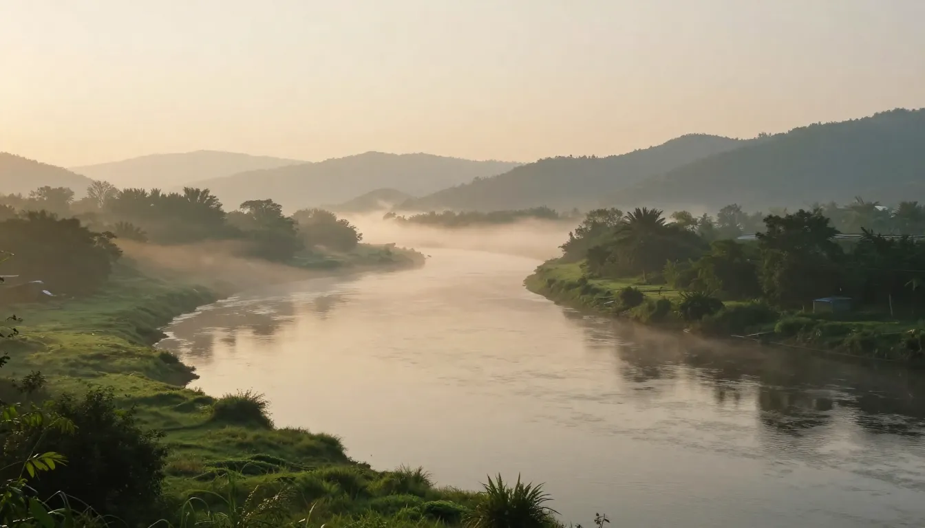 A peaceful wide river flowing through a lush green valley at...