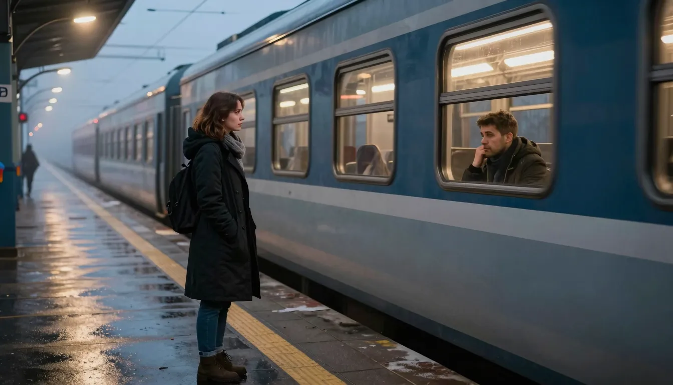 View from the platform. A young Slavic woman stands on wet a...