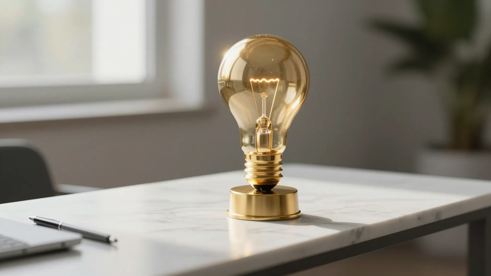 A golden trophy shaped like a lightbulb on a minimalist marb...