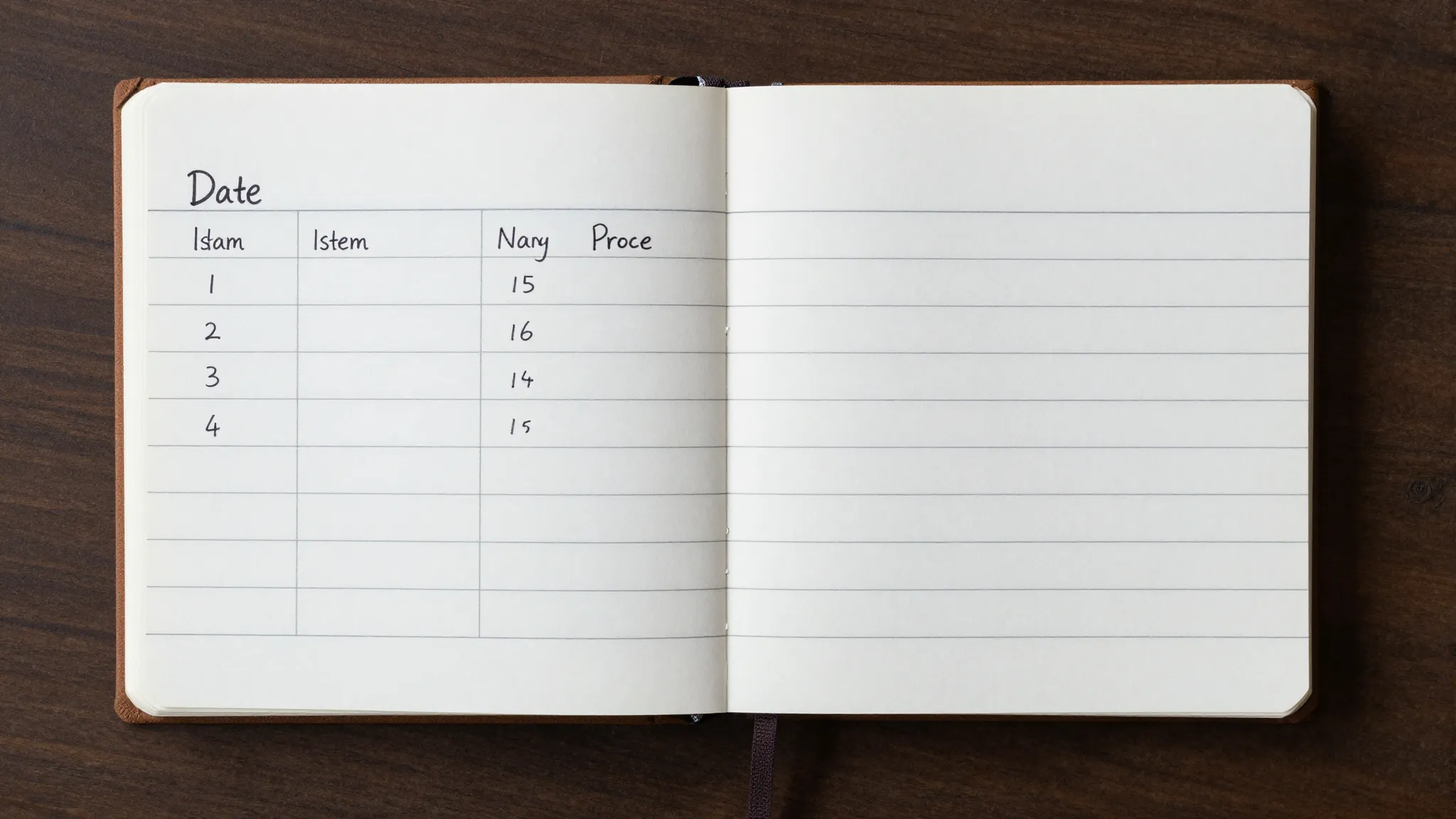 A simple and clear table drawn in a notebook with columns fo...