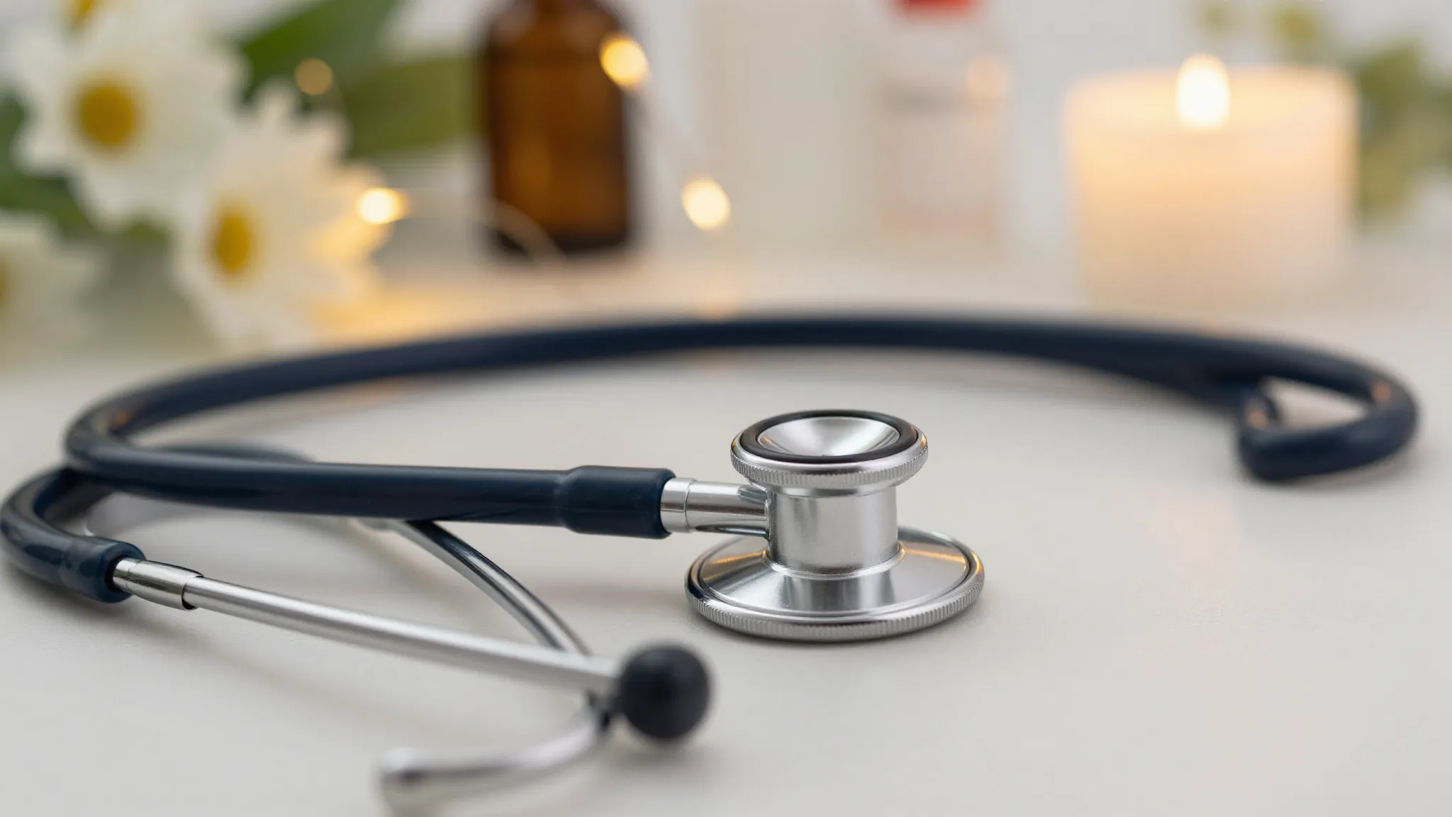 Festive medical background with a stethoscope, flowers, and ...