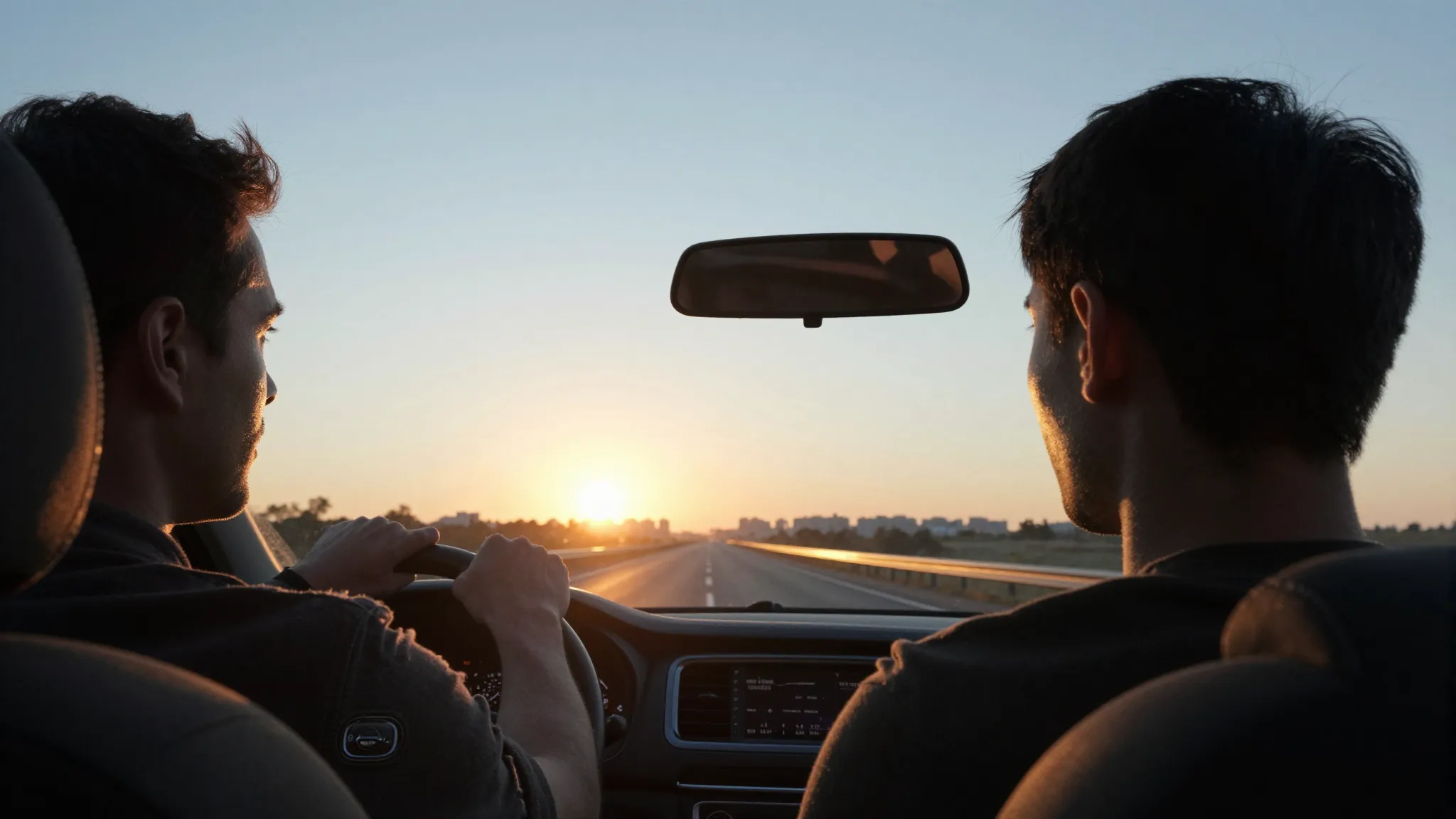 A thoughtful man driving a car on a long highway during a br...
