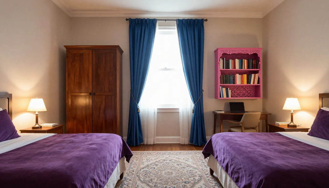 A detailed interior of a cozy bedroom. Two single beds with ...