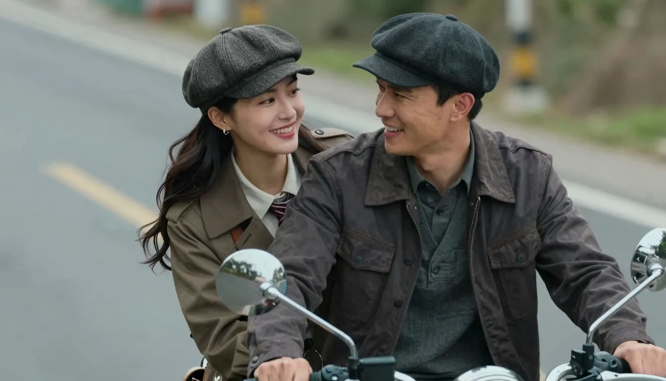Photorealistic cinematic shot of a happy couple sitting on a...