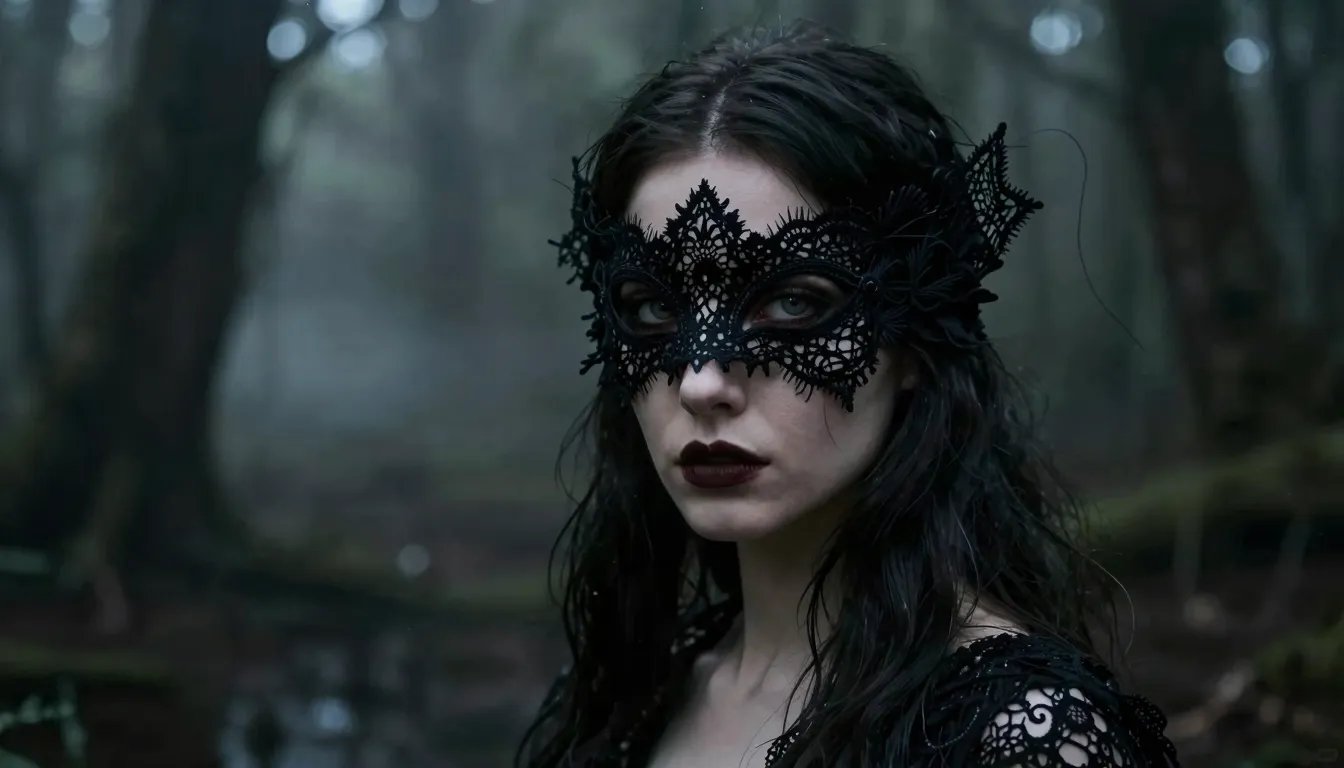 A mysterious woman wearing an intricate black lace mask, her...
