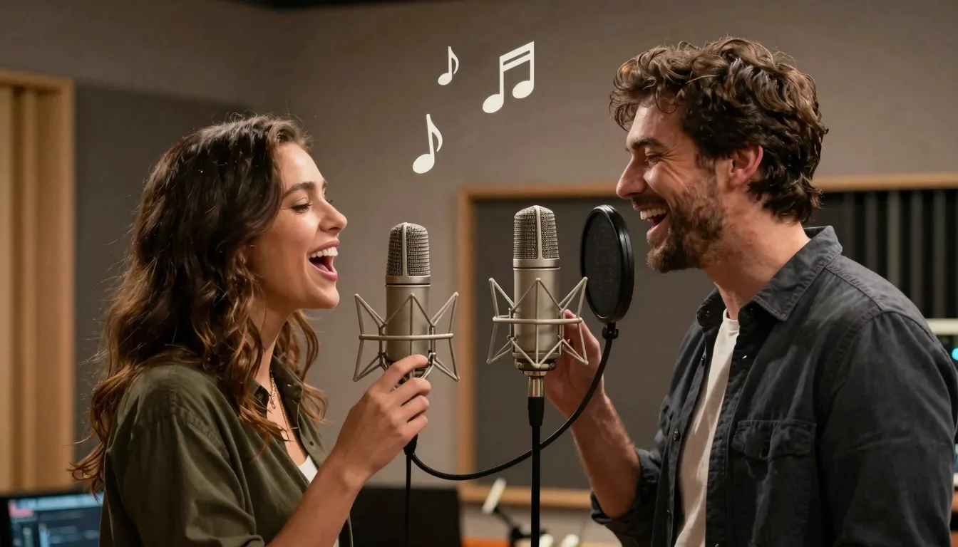 A man and a woman singing together into two vintage studio m...
