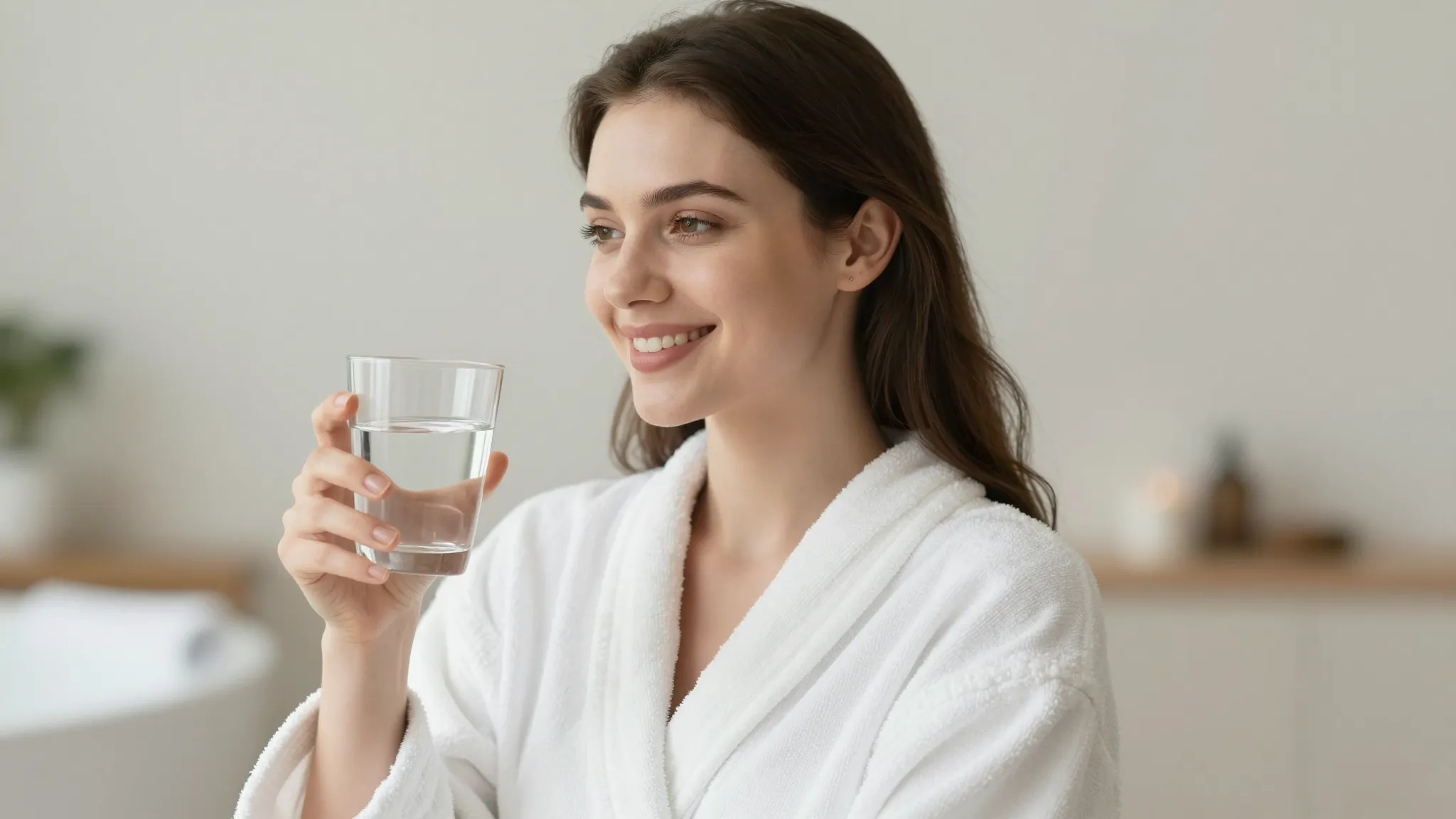 A beautiful woman in a white bathrobe smiling, holding a gla...