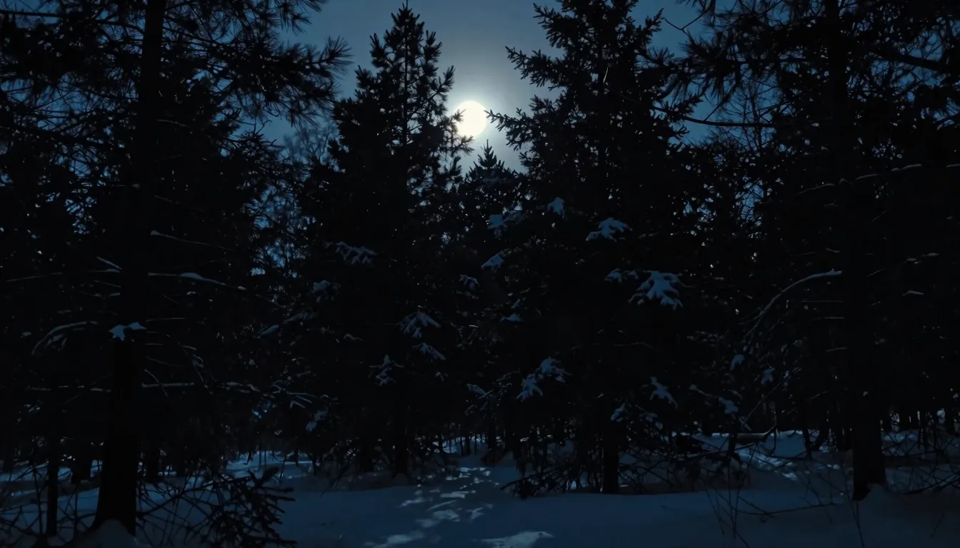Dark snowy forest at night, silhouettes of pine trees agains...