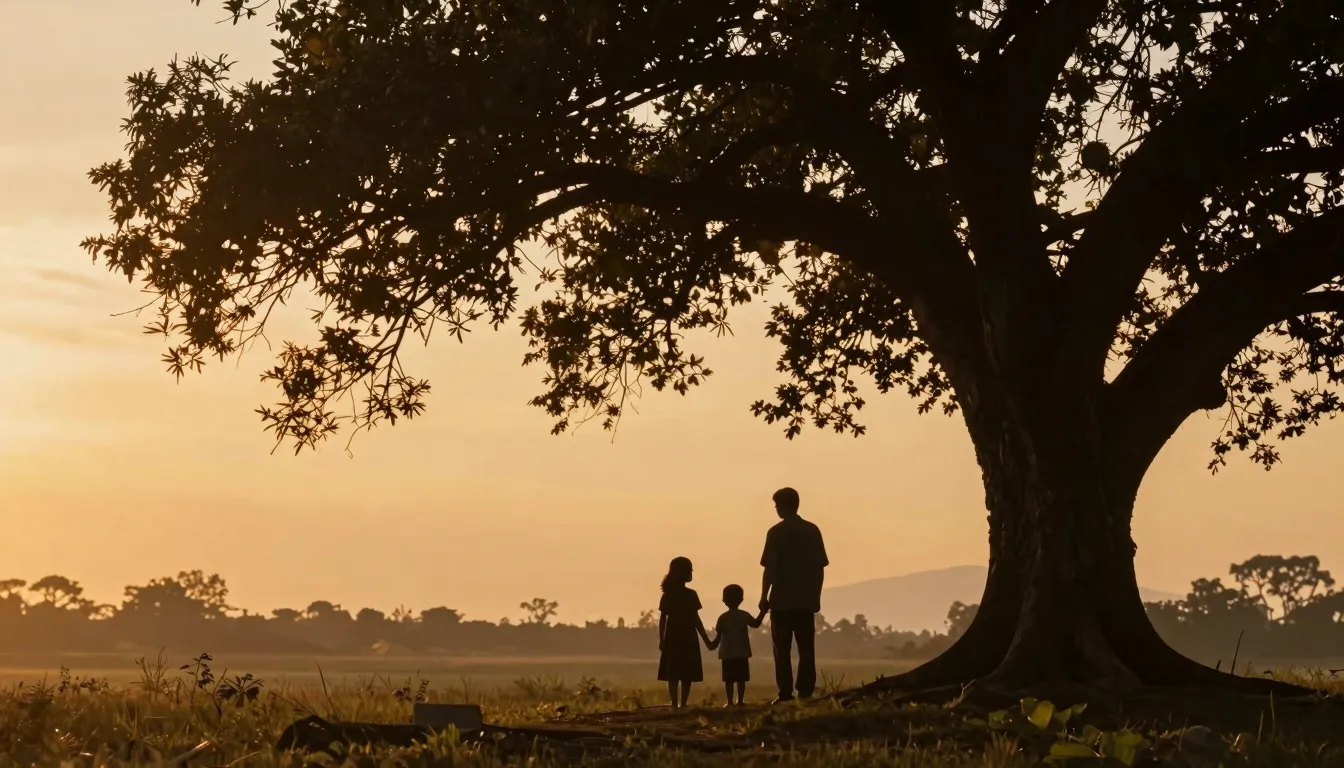 A peaceful and warm scene showing a silhouette of a family u...