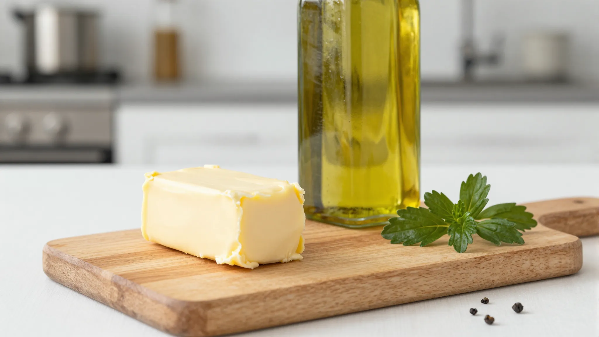 A small piece of butter on a wooden board next to a large bo...