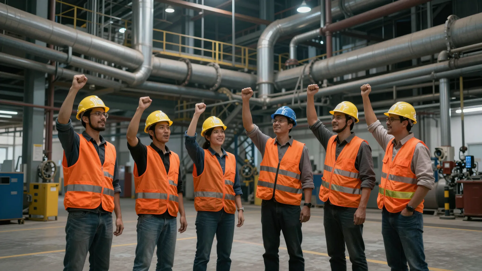 A group of rugged construction workers in orange vests and h...