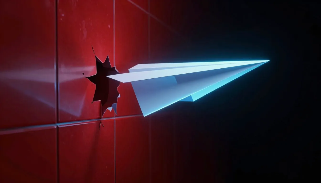 Minimalist digital art, a glowing paper plane breaking throu...