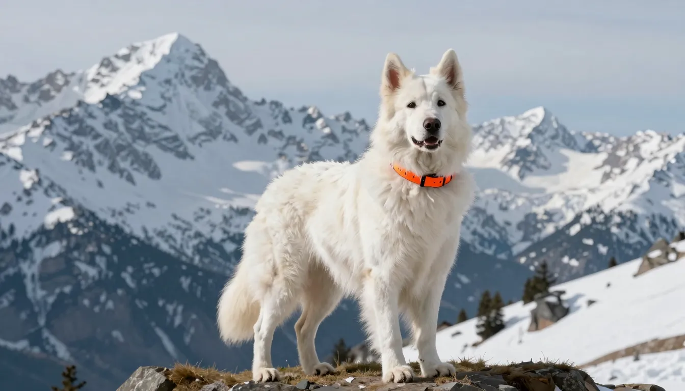 A majestic White Swiss Shepherd dog standing proudly on a mo...