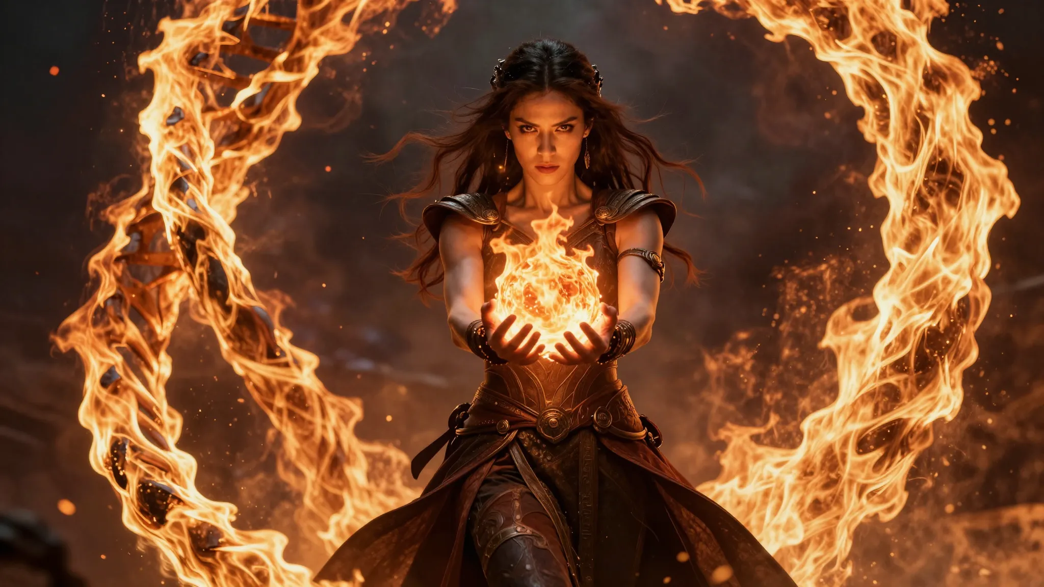 A powerful woman with a fierce gaze walking confidently, two...