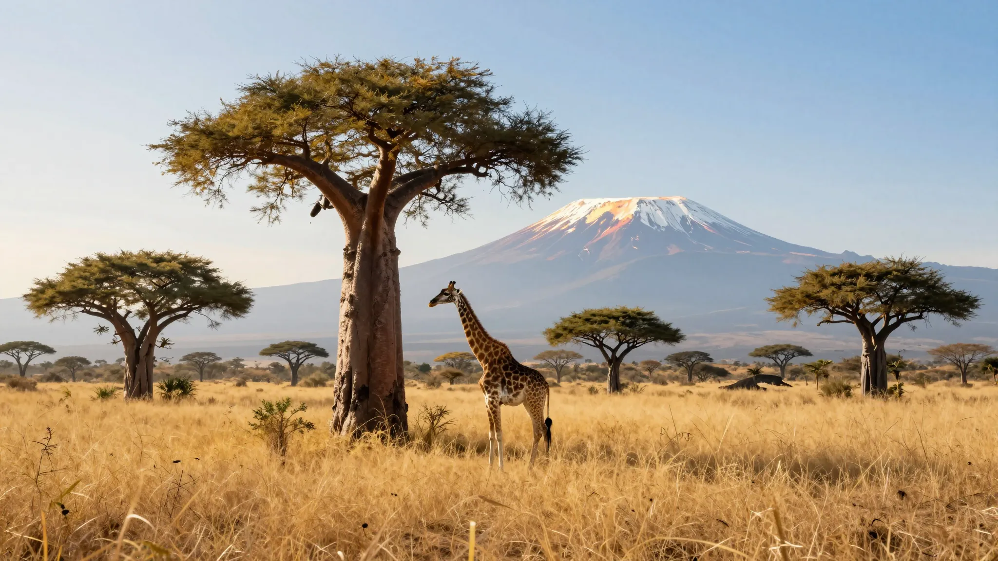 Wide angle shot of a dry African savanna, a graceful giraffe...