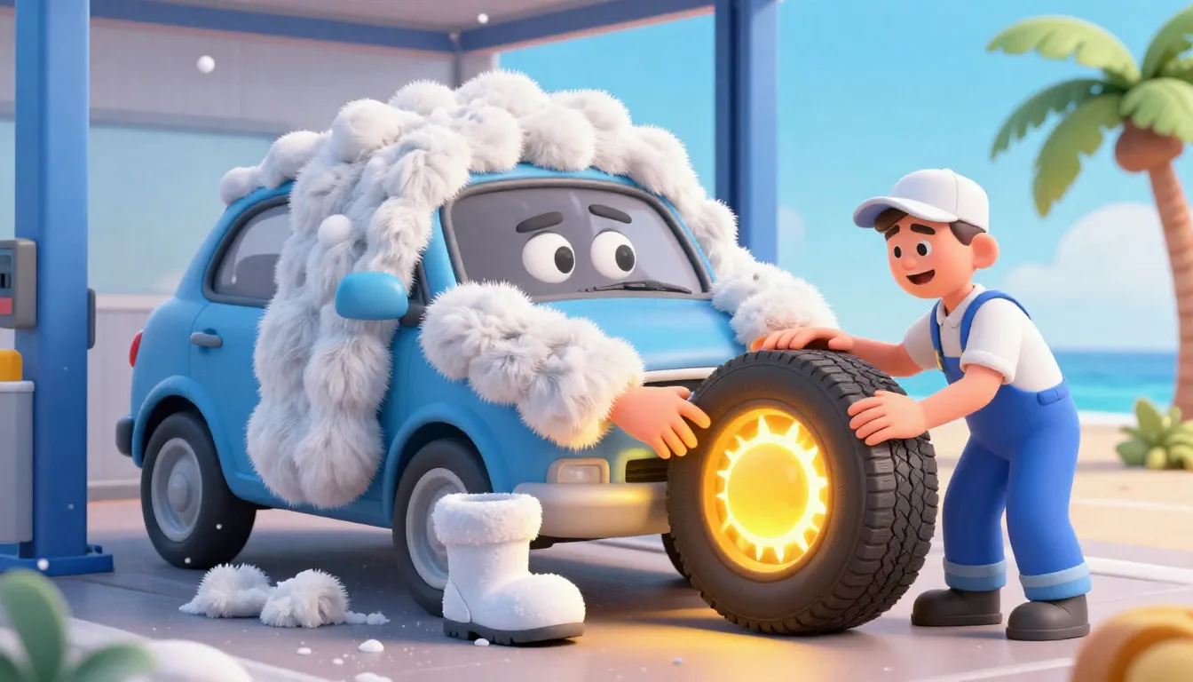 A humorous 3D cartoon style illustration of a car at a tire ...