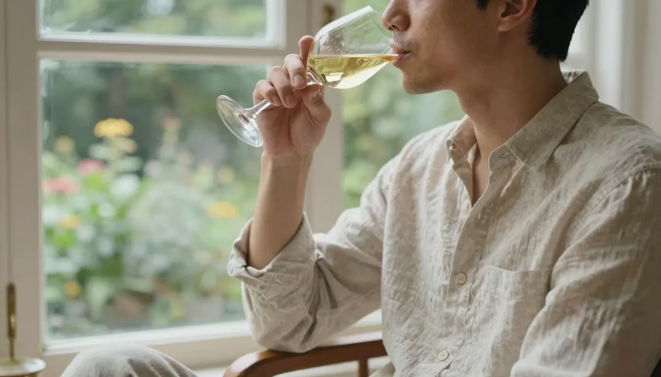 A man in a light linen shirt sitting by a large window, drin...