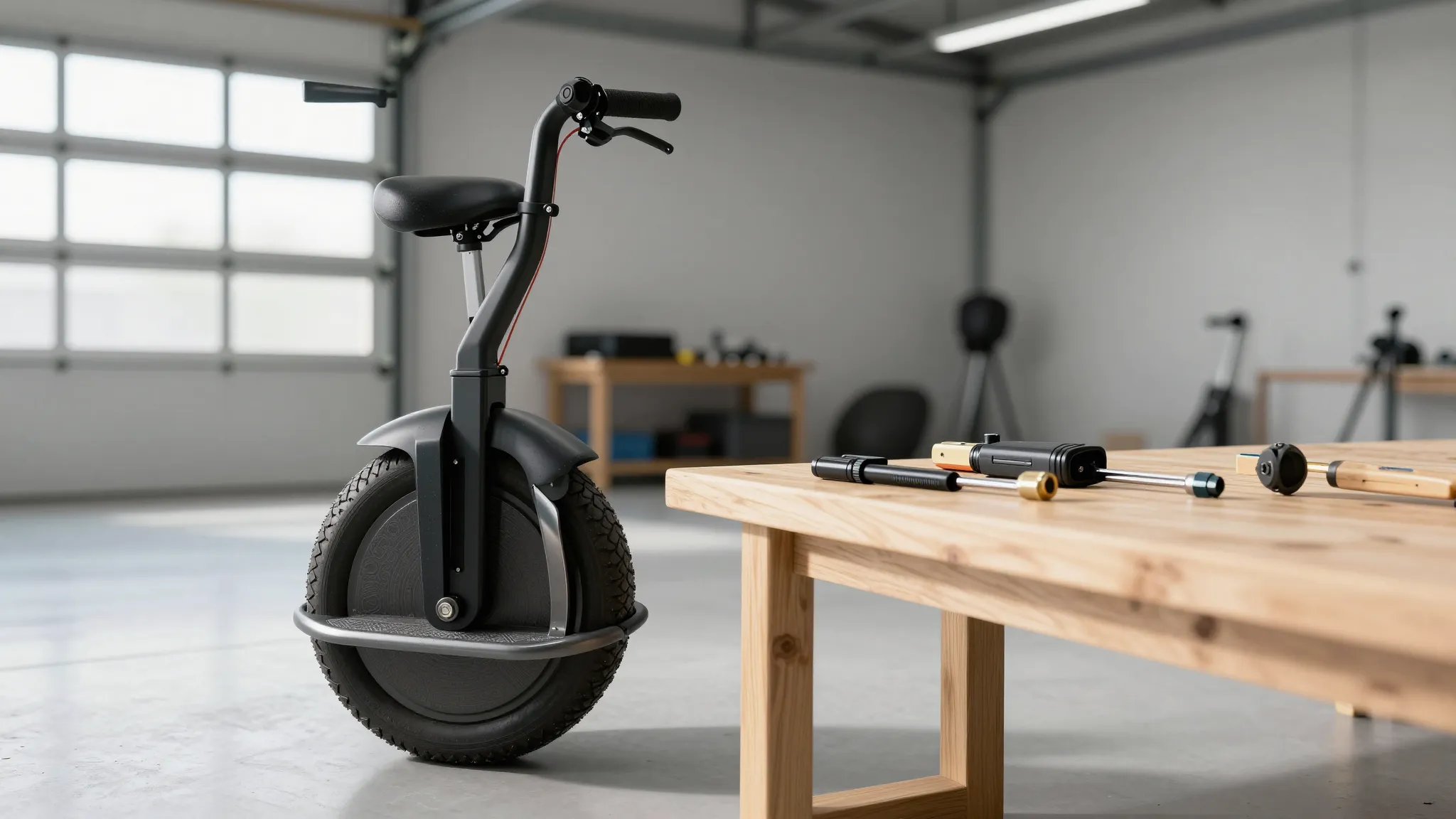 A clean electric unicycle standing in a bright modern garage...